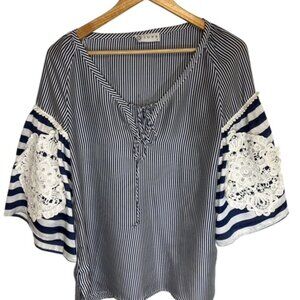 Jupe Navy & White Blouse Womens Size Large Ballon Sleeve Crochet Boho Peasant
